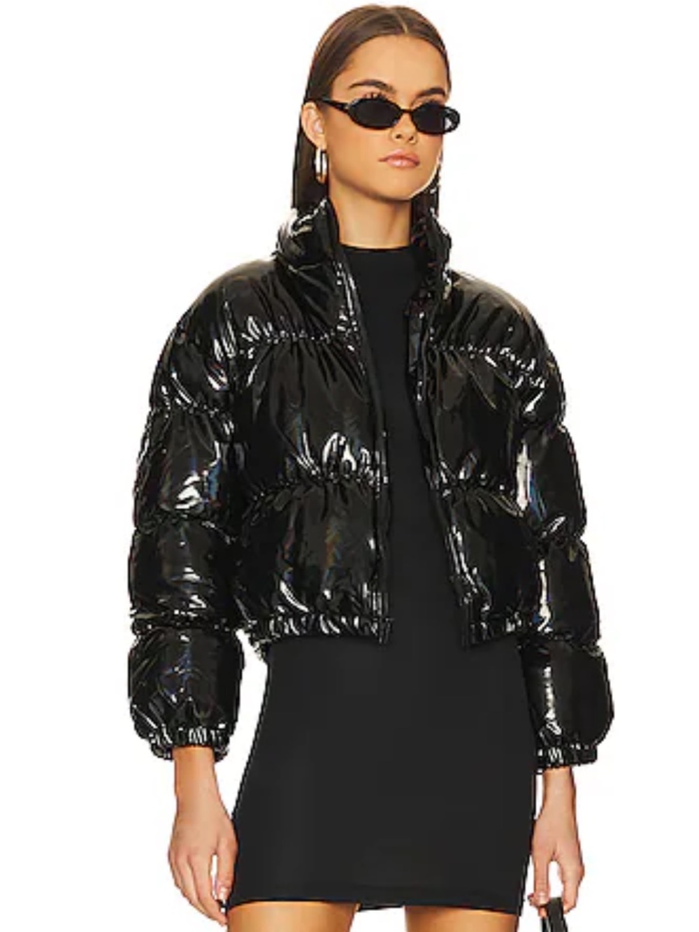 Black Steve Madden Cropped Gloss Puffer Jacket - Women's